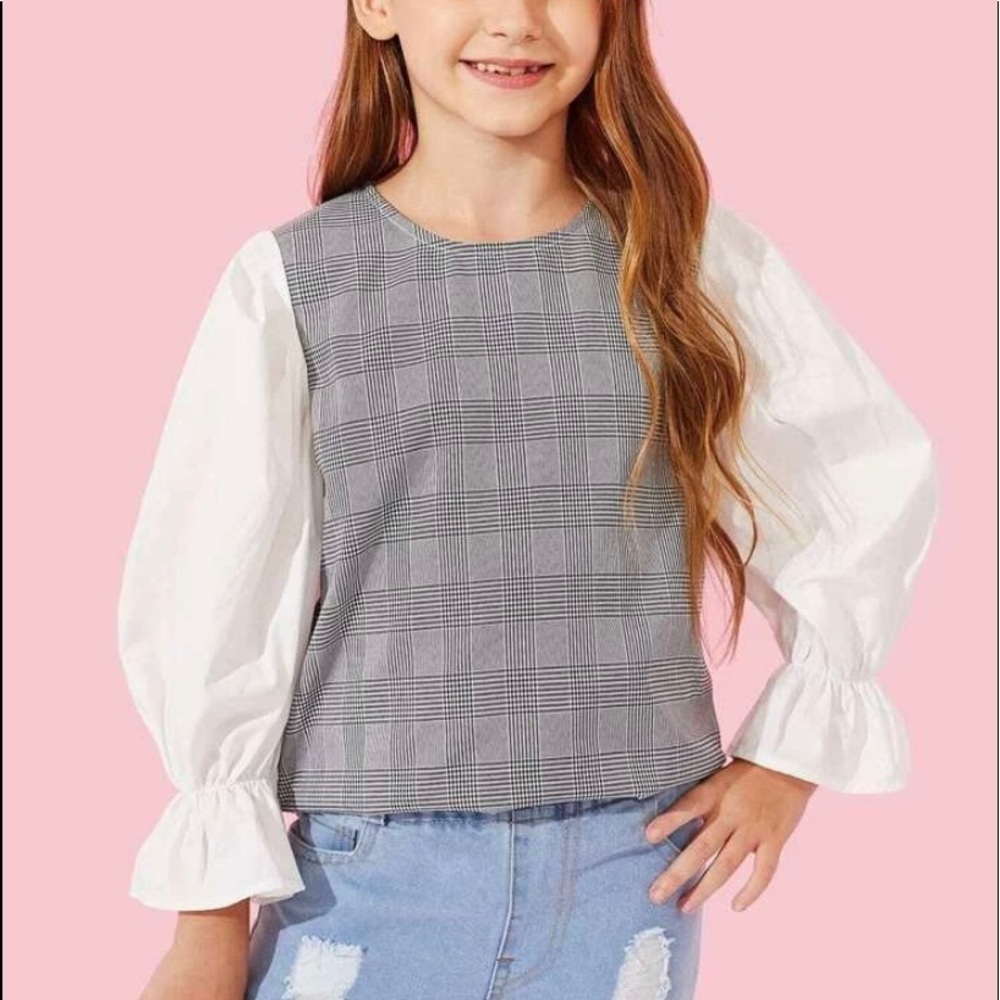 Age 14**GORGEOUS plaid with puffy sleeves blouse - Picture 3 of 4